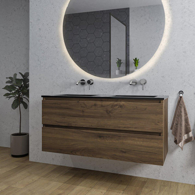Saniclass Chaci Meuble de salle de bain - 120x46x55cm - lavabo en céramique noir - 2 vasques - sans trous de robinet - 2 tiroirs - ronde miroir avec éclairage - noyer (hout)