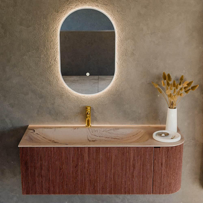 MONDIAZ KURVE-DLUX Meuble de salle de bains 125cm arrondi à droite couleur Ruby avec 1 tiroir et 1 porte. Lavabo BIG MEDIUM gauche 1 trou de robinet Arena.