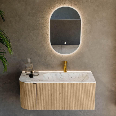 MONDIAZ KURVE-DLUX 105cm Meuble salle de bain avec module 25 G - couleur Oak - 1 tiroir - 1 porte - vasque BIG SMALL droite - 1 trou de robinet - couleur Glace
