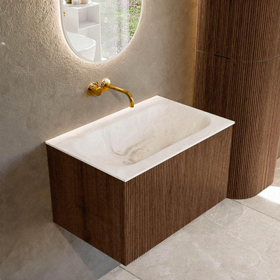 MONDIAZ KURVE-DLUX 70cm badmeubel kleur Walnut met 1 lade. Wastafel BIG SMALL midden zonder kraangat kleur Frappe.