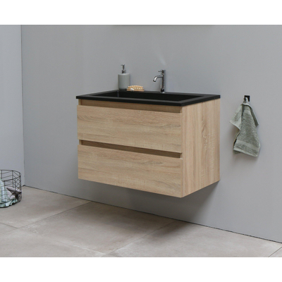 Basic Bella Meuble salle de bains avec lavabo acrylique Noir 80x55x46cm 1 trou de robinet Chêne