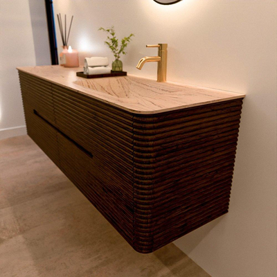 Mondiaz CIRO-DLUX Badkamermeubelset - 160x45x50cm - Solid surface wastafel Arena - 1 wasbak Rechts - 1 kraangat - 4 lades - Walnut