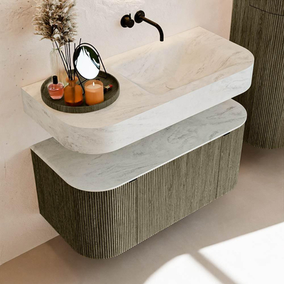 MONDIAZ THOR-DLUX 100cm meuble de salle de bains arrondi gauche + droite couleur Shadow avec 1 tiroir et 2 portes. Vasque suspendue CLOUD droite sans trou de robinet couleur Opalo.