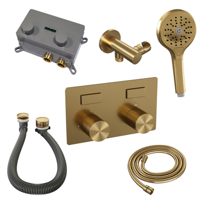 BRAUER Gold Carving mitigeur de baignoire encastré thermostatique - boutons-poussoirs SET 04 - combinaison de remplissage de baignoire - douchette 3 jets - flexible de douche - coude de raccordement mural - or brossé PVD