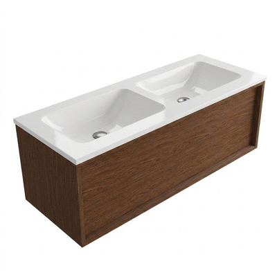 Saniclass Holz Frame Ensemble meuble de salle de bains - 120x45x57.5cm - lavabo Torino en solid surface blanc - sans trou de robinet - 1 tiroir - walnut pure mat (bois)