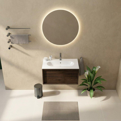 Saniclass Holz Frame Ensemble meuble de salle de bains - 80x45x53.9cm - Lavabo en céramique Chaci blanc - 1 vasque - 1 trou de robinetterie - 1 tiroir - chêne charcoal mat (bois)