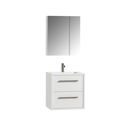Tiger Boston Ensemble meuble de salle de bains 60cm Softclose Blanc haute brillance avec armoire de toilette. Vasque en polybéton blanc brillant et poignées inox brossé