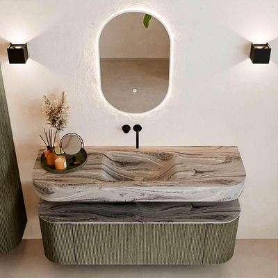 MONDIAZ THOR-DLUX 140cm meuble de salle de bains arrondi gauche + droite couleur Shadow avec 1 tiroir et 2 portes. Vasque suspendue CLOUD Centre sans trou de robinet couleur Sombra.