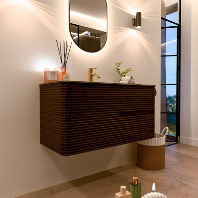 Mondiaz CIRO-DLUX Badkamermeubelset - 100x45x50cm - Solid surface wastafel Sombra - 1 wasbak Midden - 1 kraangat - 2 lades - Walnut