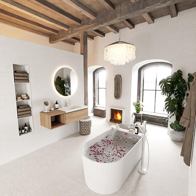 MONDIAZ BUKLA 120cm ensemble de meuble avec module ouvert 40 couleur Chêne blanchi avec 1 tiroir. Lavabo CLOUD à droite 1 trou de robinet couleur Talc.