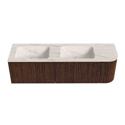 MONDIAZ KURVE-DLUX 155cm badmeubel ronding Rechts kleur Walnut met 2 lades en 1 deur. Wastafel LEAF Dubbel / Links zonder kraangat Meli.