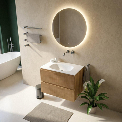 Saniclass Holz Atelier Ensemble de meubles de salle de bains - 80x45x61.5cm - Lavabo Flow en solid surface blanc - 1 vasque - sans trou de robinet - 2 tiroirs - chêne natural mat (bois)