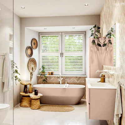 Mondiaz Vica ensemble de meuble de salle de bain - 160cm - meuble sous-vasque rosee - 4 tiroirs - lavabo cloud double - sans trous de robinet - version haute de 60cm - talc