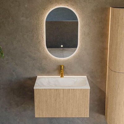 MONDIAZ KURVE-DLUX 70cm badmeubel kleur Oak met 1 lade. Wastafel BIG SMALL midden 1 kraangat kleur Ostra.
