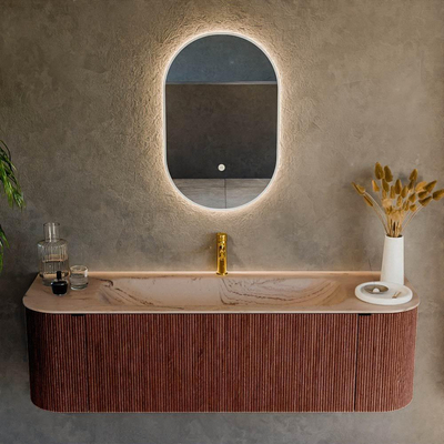MONDIAZ KURVE-DLUX Meuble de salle de bains 150cm arrondi Gauche + Droite couleur Ruby avec 1 tiroir et 2 portes. Lavabo BIG MEDIUM Central 1 trou de robinet Arena.