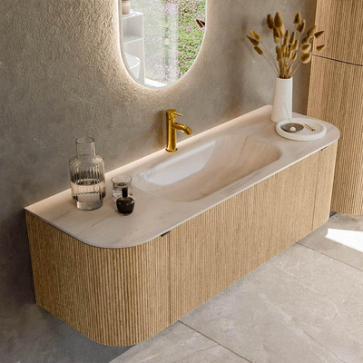 MONDIAZ KURVE-DLUX 140cm badmeubel ronding Links + Rechts kleur Oak met 1 lade en 2 deuren. Wastafel BIG SMALL Midden 1 kraangat Meli.