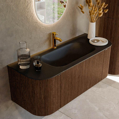 MONDIAZ KURVE 120cm badmeubel met module 25 Len R kleur Walnut met 1 lade en 2 deuren. Wastafel BIG SMALL midden 1 kraangat Urban.
