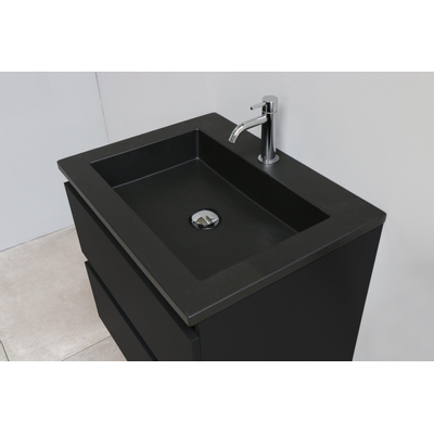 Basic Bella Meuble salle de bains avec lavabo acrylique Noir 60x55x46cm 1 trou de robinet avec miroir et éclairage Noir mat