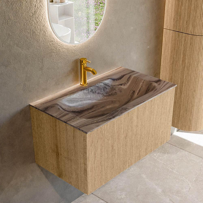 MONDIAZ KURVE-DLUX Meuble de salle de bains 80cm couleur Oak avec 1 tiroir et 0 porte. Lavabo BIG SMALL Central 1 trou de robinet Sombra.