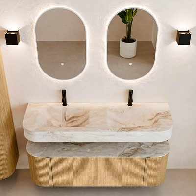 MONDIAZ THOR-DLUX 140cm badmeubel ronding links + rechts kleur Oak met 1 lade en 2 deuren. Vrijhangende wastafel CLOUD Dubbel 2 kraangaten kleur Frappe.
