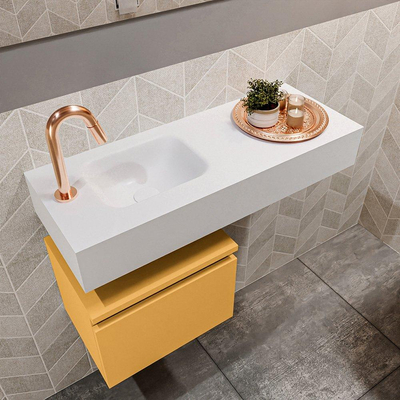 MONDIAZ ANDOR Meuble WC - 80x30x30cm - 1 trou de robinet - 1 tiroir - ocre mat - lavabo à gauche - Solid surface - Blanc