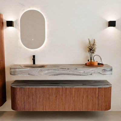 MONDIAZ THOR-DLUX 170cm meuble de salle de bains arrondi gauche + droite couleur Ruby avec 1 tiroir et 2 portes. Vasque suspendue CLOUD Gauche 1 trou de robinet couleur Sombra.