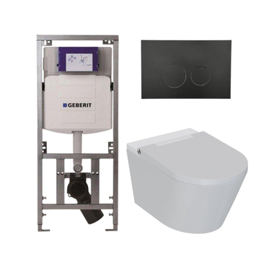 QeramiQ Luma Douche WC Set - Geberit UP320 inbouwreservoir - met Burda frame - fohn - ladydouche - mat zwarte metalen bedieningsplaat - ronde knoppen - glans wit
