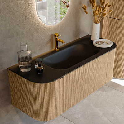 MONDIAZ KURVE 120cm badmeubel met module 25 Len R kleur Oak met 1 lade en 2 deuren. Wastafel BIG SMALL midden 1 kraangat Urban.