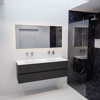 MONDIAZ VICA Badkamermeubelset - 150cm - 2 lades - wasbak Cloud dubbel - 0 kraangaten - solid surface darkgrey