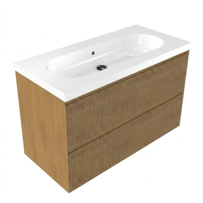 Saniclass Holz Atelier Ensemble de meubles de salle de bains - 100x45x63.5cm - lavabo Palermo en céramique blanc - 1 vasque - sans trou de robinetterie - 2 tiroirs - chêne natural mat (bois)