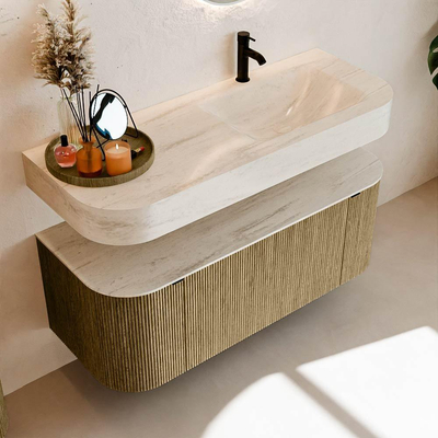 MONDIAZ THOR-DLUX 120cm meuble de salle de bains arrondi gauche + droite couleur Dusk avec 1 tiroir et 2 portes. Vasque suspendue CLOUD Droite 1 trou de robinet couleur Meli.