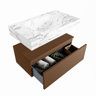 Mondiaz ALAN-DLUX Ensemble de meuble - 80cm - meuble Rust mat - 1 tiroir - Lavabo Cloud Glace suspendu - vasque Centre - 1 trou de robinet