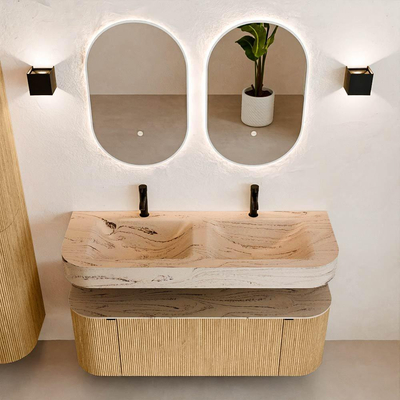 MONDIAZ THOR-DLUX 130cm badmeubel ronding links + rechts kleur Oak met 1 lade en 2 deuren. Vrijhangende wastafel CLOUD Dubbel 2 kraangaten kleur Arena.