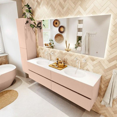 MONDIAZ Vica Ensemble meuble de salle de bains - 180cm - meuble bas rosee - 4 tiroirs - lavabo moon double - 2 trous de robinet - version haute 60cm - talc