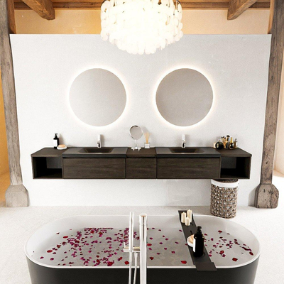 MONDIAZ BUKLA 280cm ensemble de meuble avec module ouvert 40 L+R couleur Marron Foncé avec 3 tiroirs. Lavabo CLOUD double 2 trous de robinet couleur Urban.