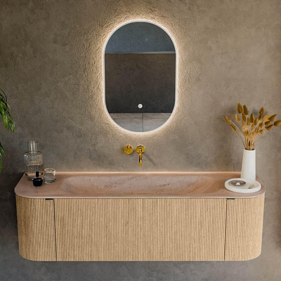 MONDIAZ KURVE-DLUX Meuble de salle de bains 150cm arrondi gauche + droite couleur Chêne avec 1 tiroir et 2 portes. Lavabo BIG MEDIUM au centre sans trou de robinet Saba.