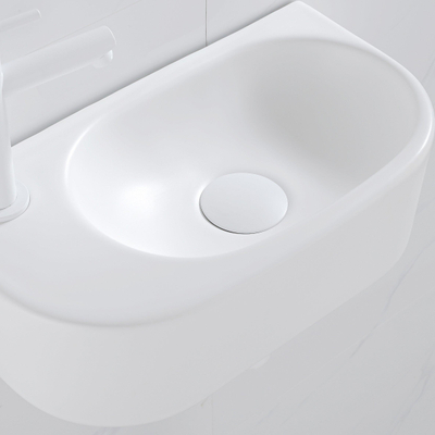 QeramiQ Fuente Ensemble de Lavabo - 40x21.5x12cm - gauche - lisse - demi-rond - 1 trou de robinet - céramique - ensemble de robinet blanc mat - bouchon de vidange - siphon abaissé - blanc mat