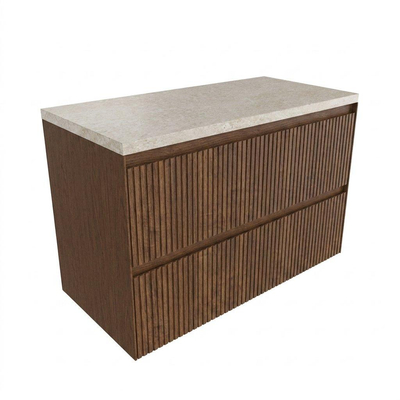 Saniclass Holz Atelier Ensemble de meubles de salle de bains - 100x45x63cm - Plan de toilette en pierre naturelle travertin - sans trou de robinet - 2 tiroirs - noyer pure mat (bois)