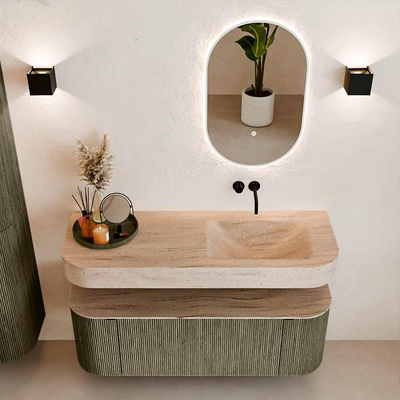 MONDIAZ THOR-DLUX Meuble de salle de bains 130cm arrondi gauche + droite couleur Shadow avec 1 tiroir et 2 portes. Vasque suspendue CLOUD Droite sans trou de robinet couleur Saba.