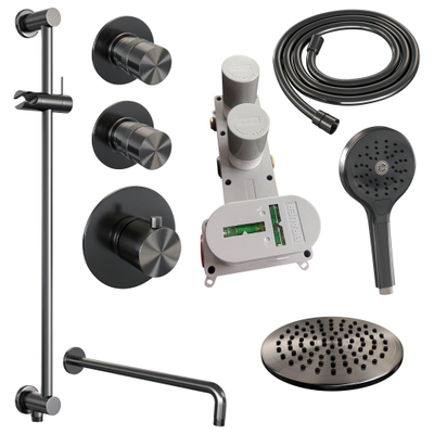 BRAUER Gunmetal Edition inbouw regendoucheset – Ø20 cm hoofddouche – 40 cm gebogen wandarm – ronde handdouche