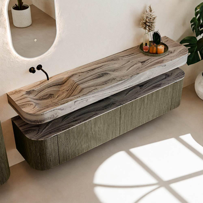 MONDIAZ THOR-DLUX 200cm meuble de salle de bains arrondi gauche + droite couleur Shadow avec 2 tiroirs et 2 portes. Vasque suspendue CLOUD Gauche sans trou de robinet couleur Sombra.