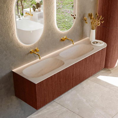 MONDIAZ KURVE-DLUX meuble de salle de bains 165cm arrondi à droite couleur Ruby avec 2 tiroirs et 1 porte. Lavabo STOR SMALL Double / gauche sans trou de robinet Meli.