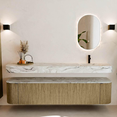 MONDIAZ THOR-DLUX Meuble de salle de bains - 200cm - arrondi gauche + droite - couleur Dusk - 2 tiroirs et 2 portes - Vasque suspendue CLOUD Droite 1 trou de robinet couleur Glace