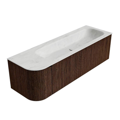 MONDIAZ KURVE-DLUX meuble de salle de bains 145 cm avec module 25 L couleur Walnut avec 1 tiroir et 1 porte. Lavabo BIG LARGE à droite sans trou de robinet couleur Opalo.