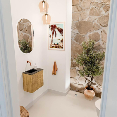 Mondiaz JOYA-DLUX 40cm toiletmeubel - kleur Oak - Wastafel FAYE positie Links Zonder kraangat kleur Lava.