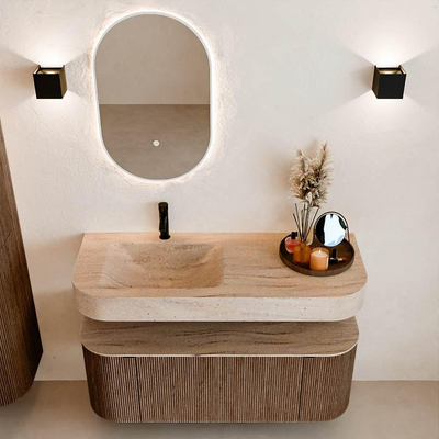 MONDIAZ THOR-DLUX 120cm meuble de salle de bains arrondi gauche + droite couleur Walnut avec 1 tiroir et 2 portes. Vasque suspendue CLOUD Gauche 1 trou de robinet couleur Saba.