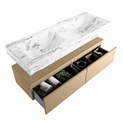 Mondiaz ALAN-DLUX Ensemble de meuble - 130cm - meuble Oro mat - 2 tiroirs - Lavabo Cloud Glace suspendu - vasque Gauche et droite - 2 trous de robinet