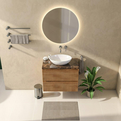 Saniclass Holz Atelier Ensemble de meubles de salle de bains - 80x45x63cm - Plan de travail en pierre naturelle Noche dark emperador - sans trou de robinetterie - 2 tiroirs - chêne natural mat (bois)