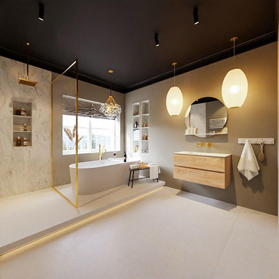 MONDIAZ VICA-DLUX Badkamermeubelset - 90cm - onderkast washed oak - 2 lades - inbouw wastafel cloud midden - zonder kraangaten - 60cm hoge versie - opalo