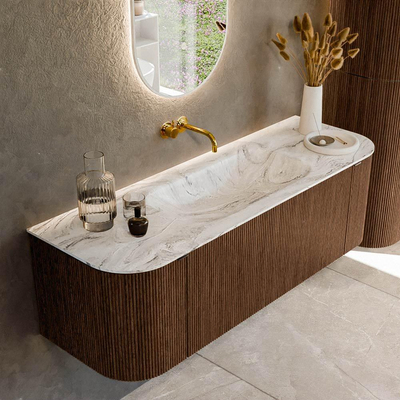 MONDIAZ KURVE-DLUX 140cm badmeubel met module 25 Len R kleur Walnut met 1 lade en 2 deuren. Wastafel BIG SMALL midden zonder kraangat kleur Glace.